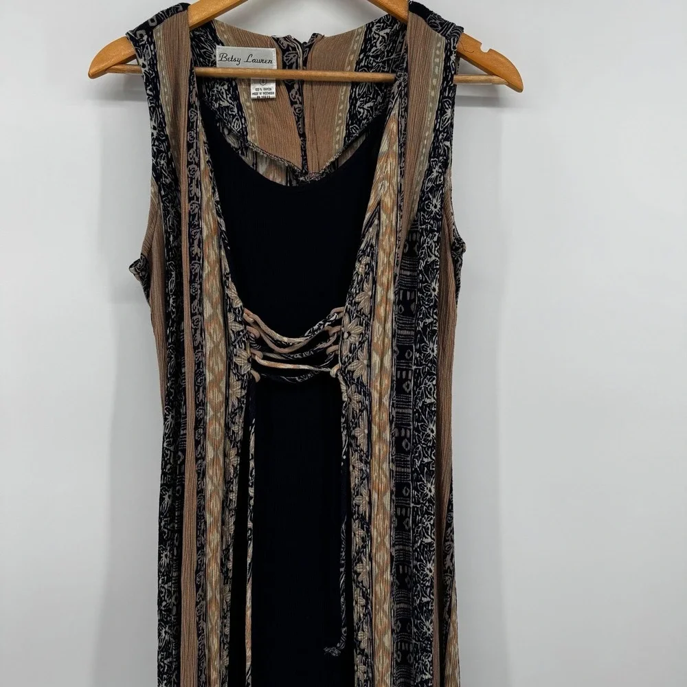 Betsy Lauren Vintage‎ Maxi Dress Womens 6 Boho Layered Lace Up Rayon Neutrals